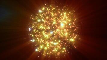 Abstract yellow glowing energy sphere molecule nucleus atom round background with flying blurred dots bokeh particles video