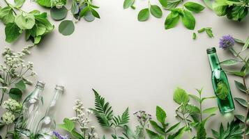 Eco friendly concept, clean and ecological products around copy space, flat lay photo
