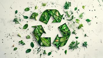 Arrows pointing to green recycle symbol and other greens on a white background photo