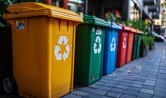 Four color trash cans or garbage bin in the street beside the walk way photo