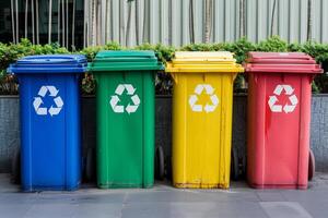 Four color trash cans or garbage bin in the street beside the walk way photo