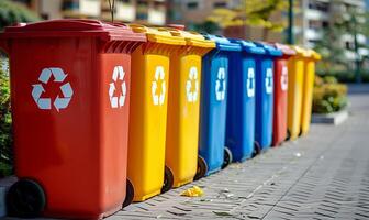 Four color trash cans or garbage bin in the street beside the walk way photo