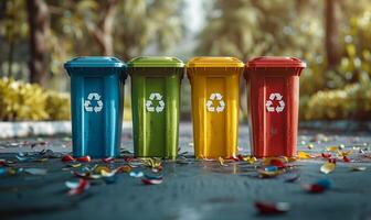 Four color trash cans or garbage bin in the street beside the walk way photo