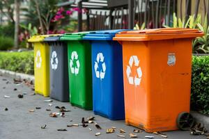 Four color trash cans or garbage bin in the street beside the walk way photo