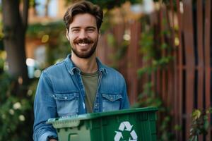 Happy smiling bearded man holding garbage container with recycling sign on the outdoor photo