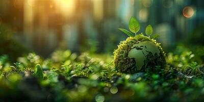 Globe covered with moss on the background of a green city at sunset photo