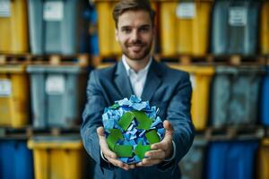 Happy owner of a recycling business holding a recycling sign against a background of garbage containers photo