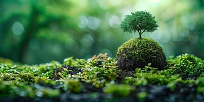 Globe covered with moss with a tree on a green forest background photo