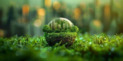 3D illustration of a green city in a glass ecological sphere on a green background photo