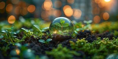 Crystal globe resting on grass in a park on background of city bokeh - environment concept photo