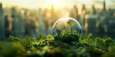 Crystal globe resting on grass in a park on background of city - environment concept photo