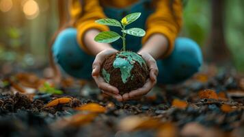 A child's hands holding a globe made of earth on which a plant grows - the concept of earth day photo
