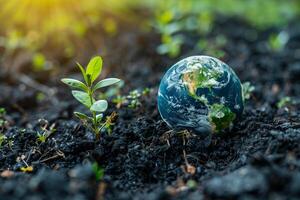 A real globe lying on the ground near a plant on sunrise - the concept of Earth Day photo