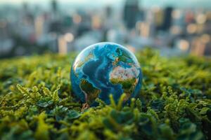 A real earth globe resting on grass in a park on background of city - environment concept photo