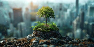 The concept of forest conservation - alone tree against the background of a big city photo