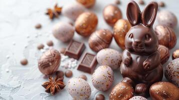 A Easter bunny made by chocolate near some chocolate eggs and colored candies with copy space photo