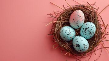 Easter holiday banner greeting card with pastel painted eggs in bird nest on paper pink backround photo
