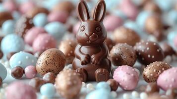 A Easter bunny made by chocolate near some chocolate eggs and colored candies with copy space photo