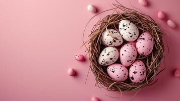 Easter holiday banner greeting card with pastel painted eggs in bird nest on paper pink backround photo
