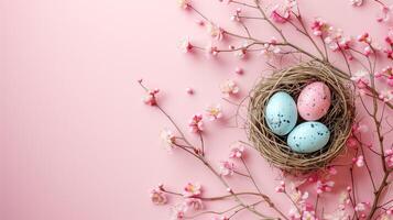 elegante Pascua de Resurrección huevos en nido y Cereza flores plano laico en papel rosado antecedentes con Copiar espacio foto