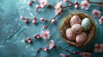 Stylish Easter eggs in nest and cherry blossoms flat lay on stone blue background with copy space photo