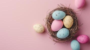 Easter holiday banner greeting card with pastel painted eggs in bird nest on paper pink backround photo