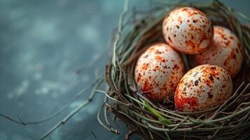 Easter holiday banner greeting card with pastel painted eggs in bird nest on stone blue backround photo