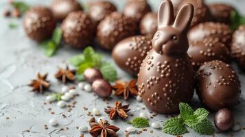 A Easter bunny made by chocolate near some chocolate eggs and colored candies with copy space photo