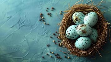 Easter holiday banner greeting card with pastel painted eggs in bird nest on bright blue backround photo
