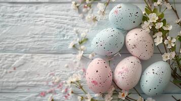 Easter photo of pastel eggs with cherry blossom in Provence style, copy space, top view