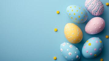 Happy Easter holiday background with colorful pastel eggs on blue paper, top view, copy space photo