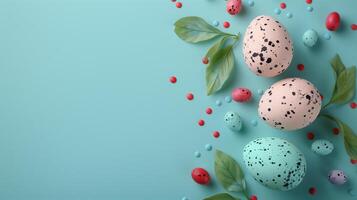 Easter pastel colored eggs with spring flowers on blue paper background, copy space, top view photo