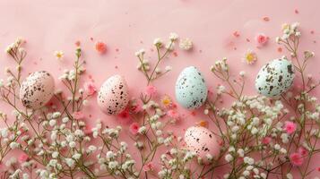 Easter pastel colored eggs with spring flowers on pink paper background, copy space, top view photo