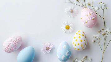 Easter colored pastel eggs with spring flowers on white background, copy space, top view photo