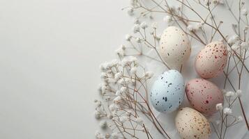 Easter pastel colored eggs with spring flowers on white background, copy space, top view photo