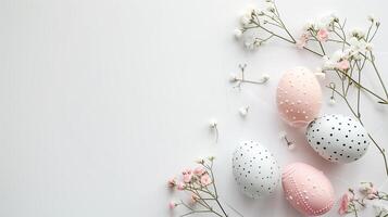 Easter pastel colored eggs with spring flowers on white background, copy space, top view photo