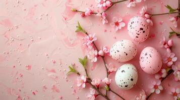 Easter pastel colored eggs with spring flowers on pink paper background, copy space, top view photo