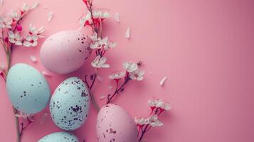 Easter pastel colored eggs with spring flowers on pink paper background, copy space, top view photo