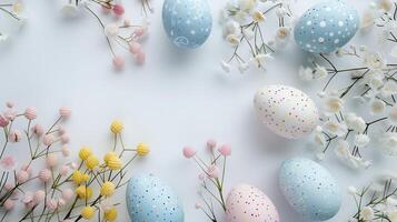 Easter pastel colored eggs with spring flowers on blue paper background, copy space, top view photo