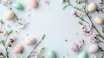 Easter pastel colored eggs with spring flowers on blue paper background, copy space, top view photo