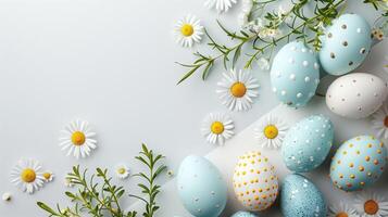 Easter colored eggs with spring flowers on pastel blue background, copy space, top view photo
