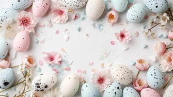 Easter pastel colored eggs with spring flowers on white background, copy space, top view photo