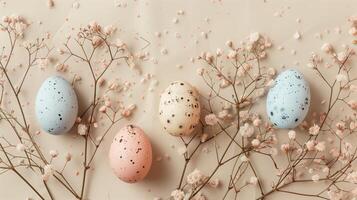 Easter pastel colored eggs with spring flowers on beige paper background, copy space, top view photo