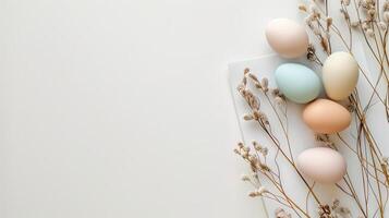 Easter pastel colored eggs with spring flowers on white background, copy space, top view photo