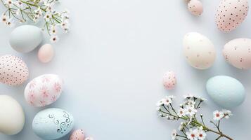 Easter colored eggs with spring flowers on pastel blue background, copy space, top view photo