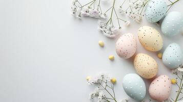 Easter colored eggs with spring flowers on pastel blue background, copy space, top view photo