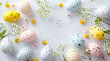 Easter colored eggs with spring flowers on pastel blue background, copy space, top view photo