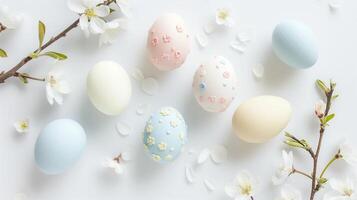 Easter colored pastel eggs with spring flowers on white background, copy space, top view photo