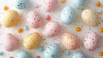 Happy Easter holiday background with colorful pastel eggs on white paper, top view photo