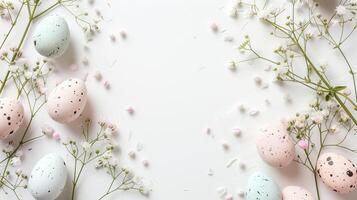 Easter pastel colored eggs with spring flowers on white background, copy space, top view photo